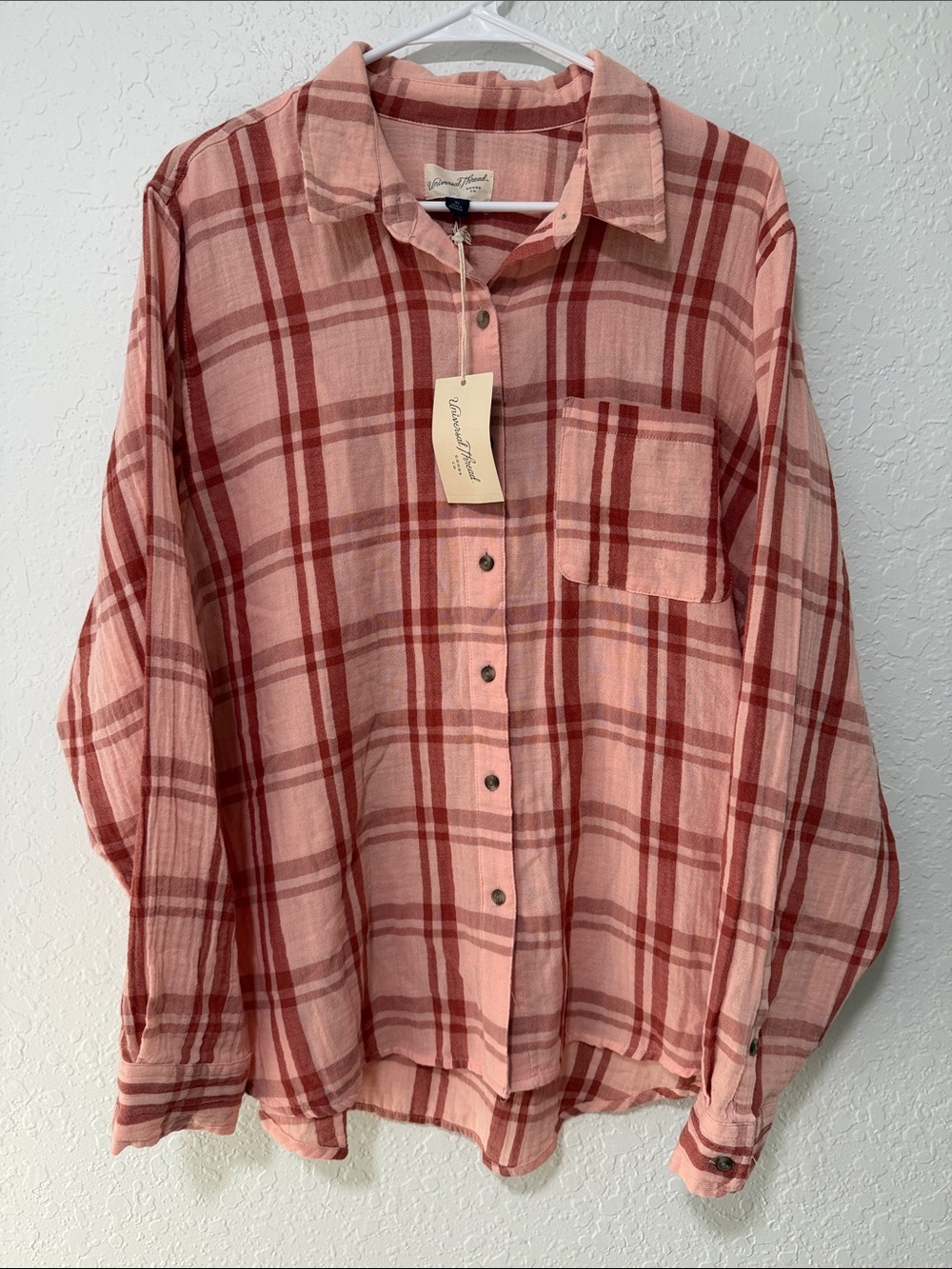 NWT Universal Thread  Coral Plaid Button Down Size XL